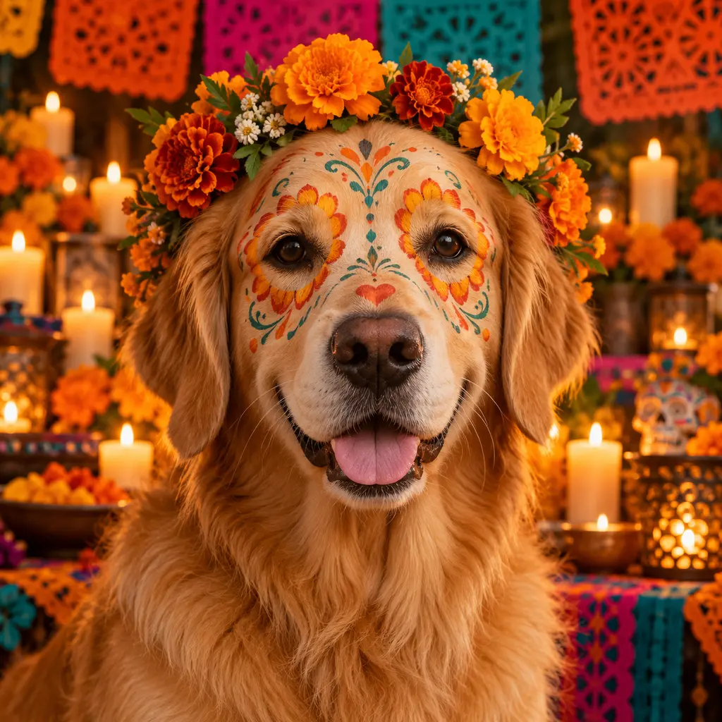 Golden retriever in an elegant Día de los Muertos portrait with a marigold crown